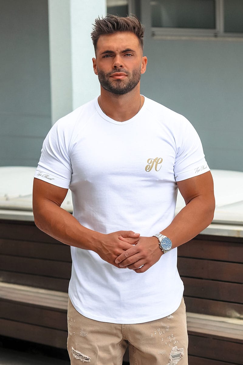 Λευκό ανδρικό T-shirt με χρυσό τύπωμα στο στήθος και τα μανίκια