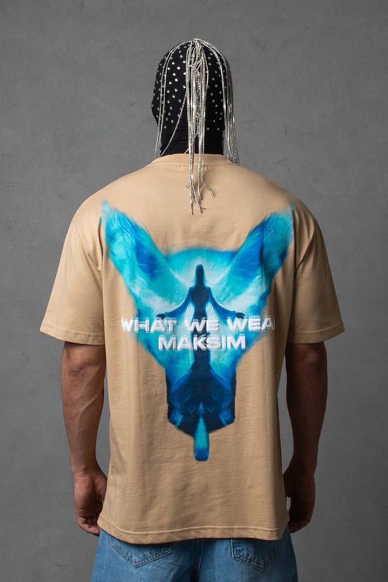 Μπεζ ανδρικο oversized T-shirt με μεγάλο τύπωμα στην πλάτη / 5545BE