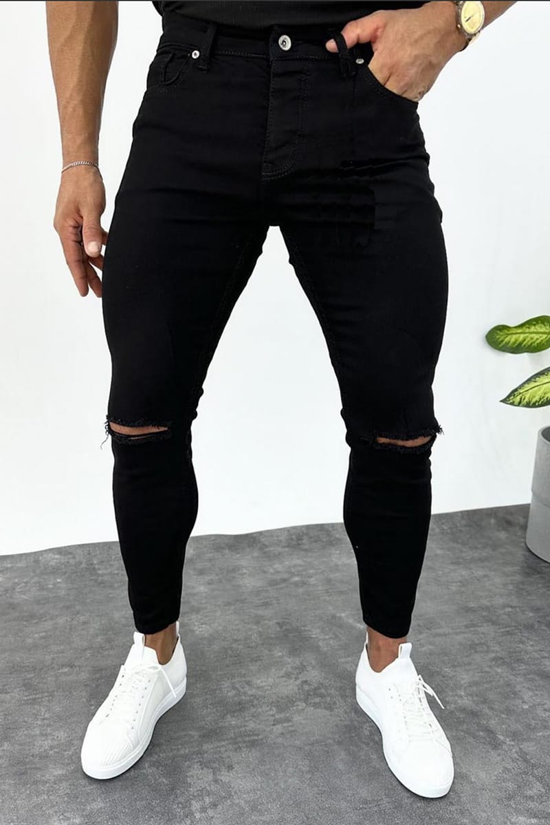 Μαύρο ανδρικό skinny τζιν με σκίσιμο στα γόνατα / 1635B
