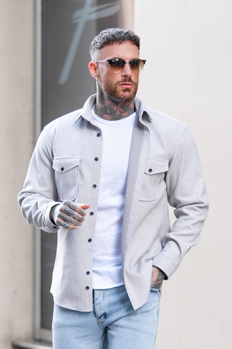 Ανοιχτό γκρι ανδρικο υφασμάτινο overshirt / 925LG